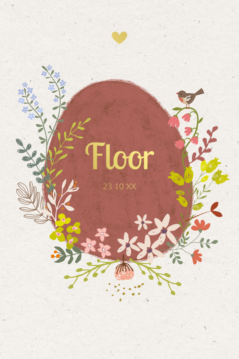 Een prachtige unisex geboortekaart met bloemen en vogeltje - herfst